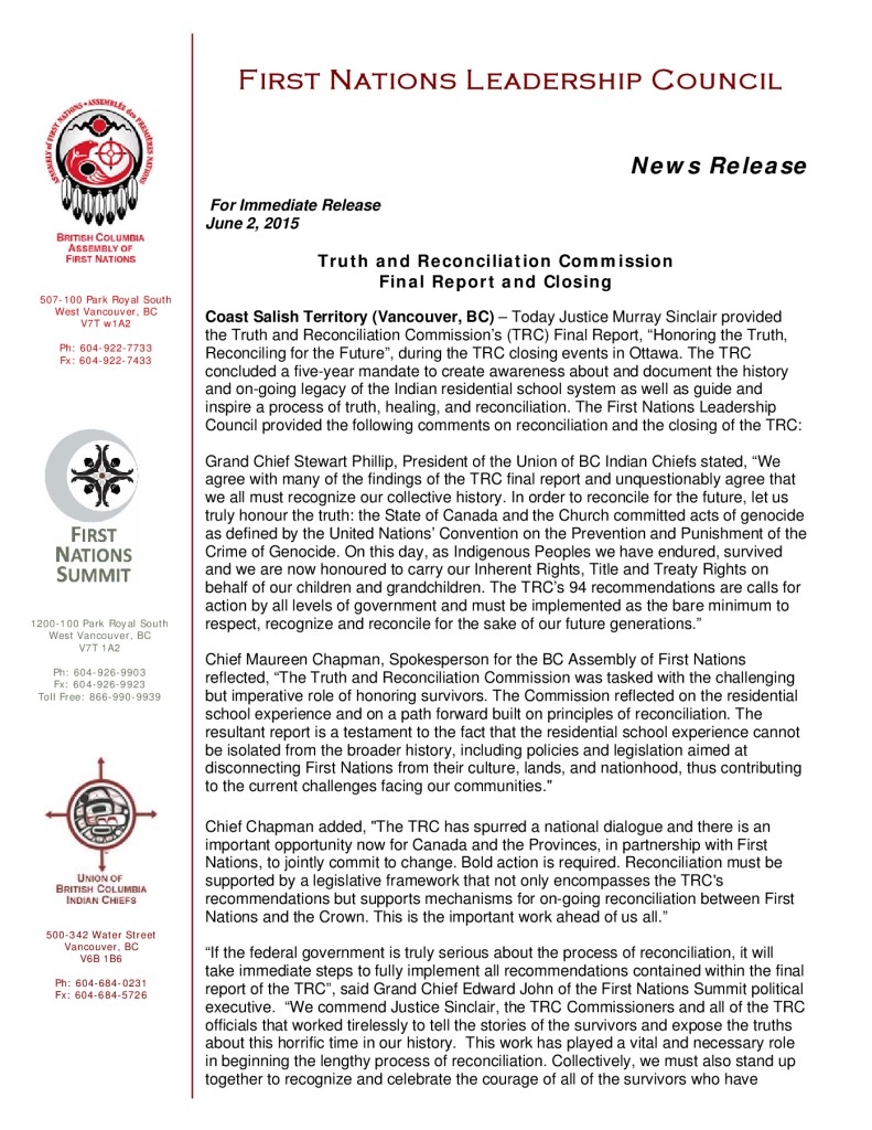 thumbnail of Read the FNLC Press RElease on the Truth and Reconciliation Report and Closing