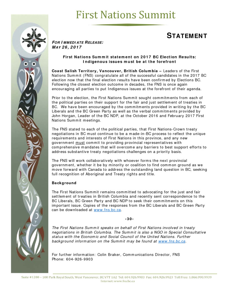 thumbnail of First Nations Summit statement on 2017 BC Election Results: Indigenous issues must be at the forefront