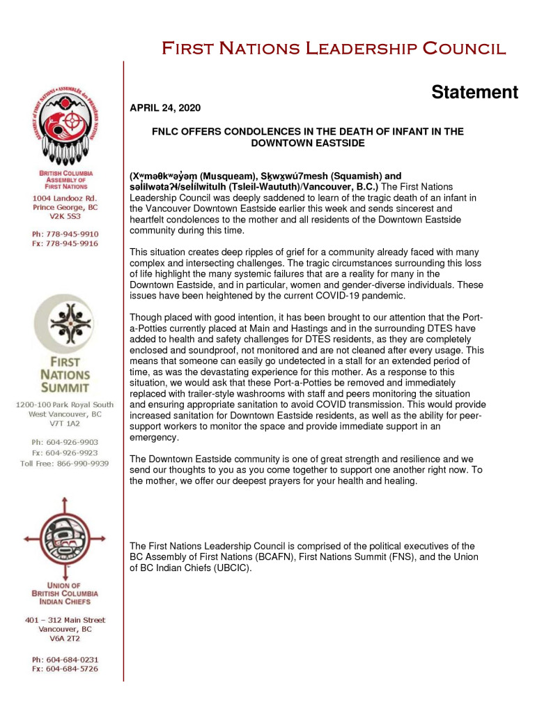 thumbnail of 2020APR24_FNLC Statement regarding Death of Infant in the DTES