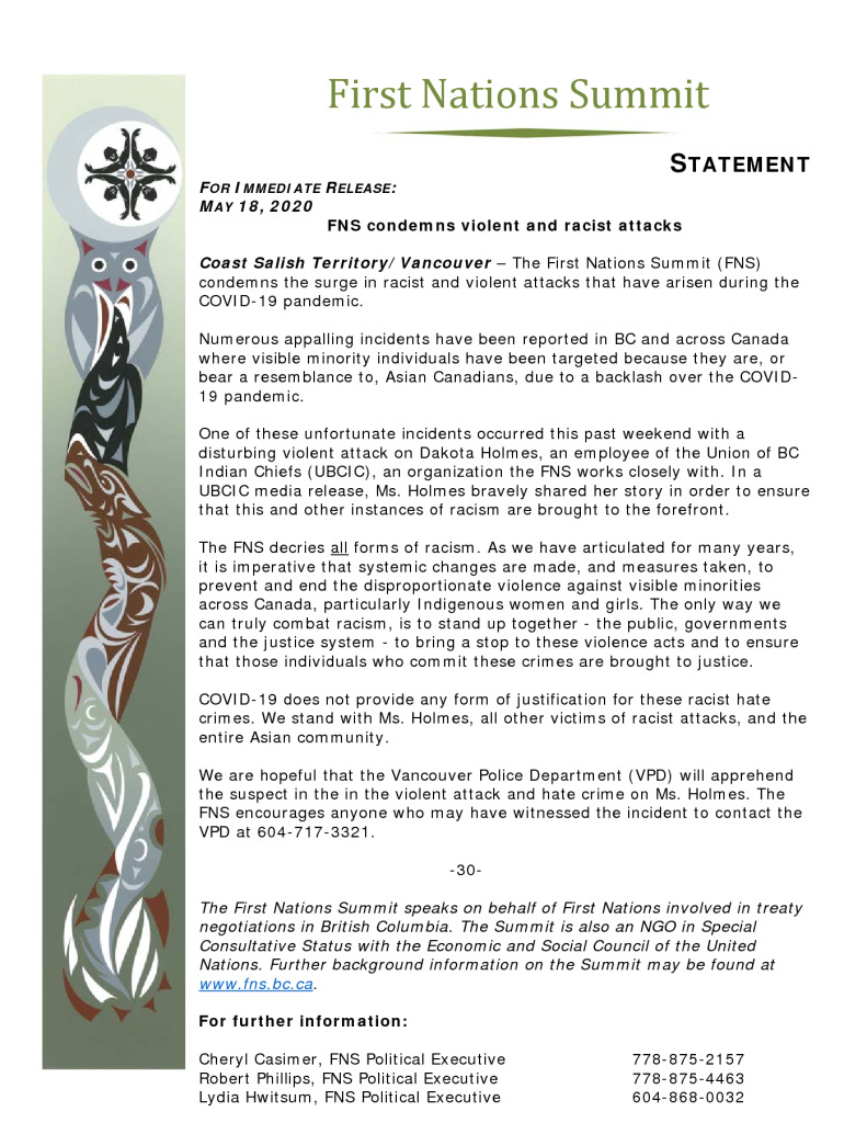 thumbnail of FNS statement re COVID violence May 18 2020