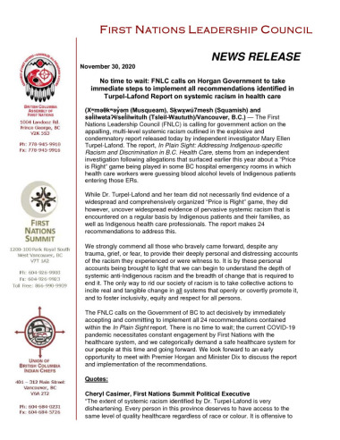 thumbnail of 2020Nov30_FNLC release re METL report on racism in BC Healthcare system – FINAL