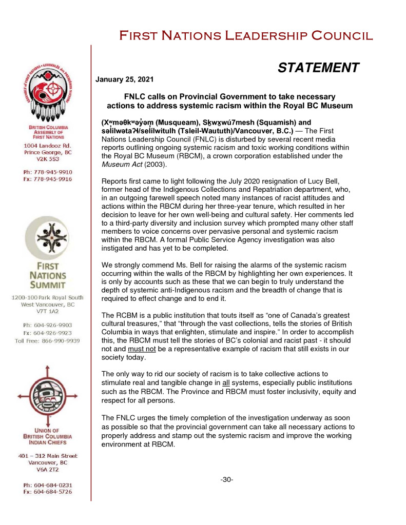 thumbnail of Jan 25 2021 FNLC statement re Racism within RBCM FINAL
