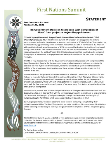thumbnail of FNS Statement re continuation of Site-C Feb 26 2021 – FINAL