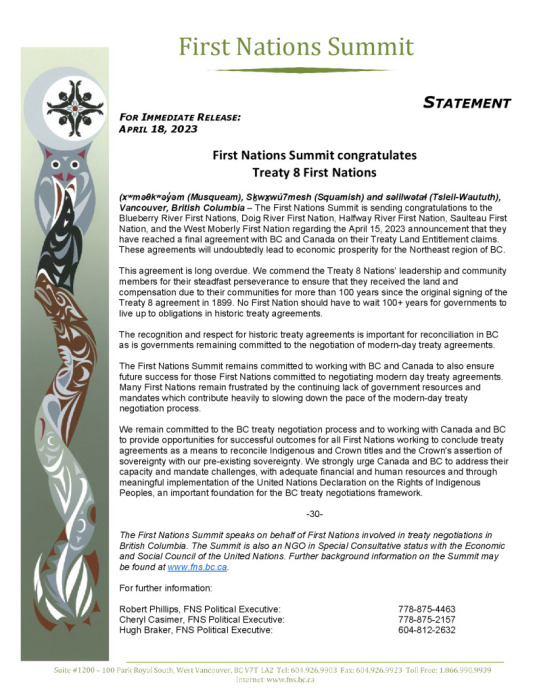 First Nations Summit congratulates Treaty 8 First Nations First