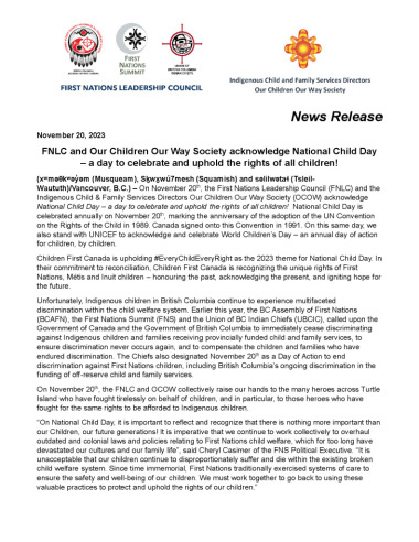 thumbnail of 2023NOV20 Joint FNLC-OCOWS Media Release_National and World Child Day (FINAL)